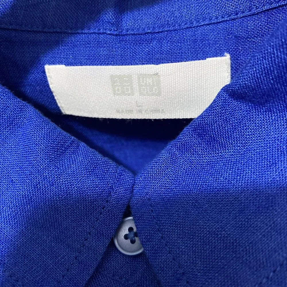 Uniqlo Women's 100% Linen Size Large Cobalt Blue Button Up Sleeveless top - Picture 3 of 5